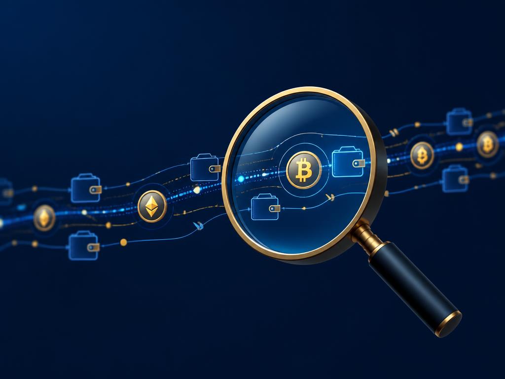 Digital magnifying glass tracing cryptocurrency transactions across wallets and exchanges
